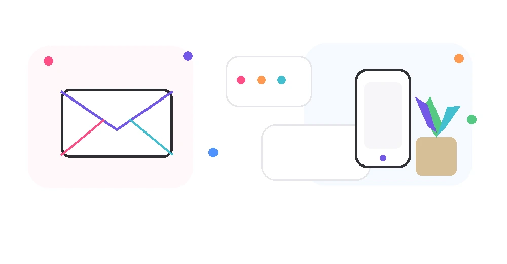 Illustration of messages, an envelope, phone and plant