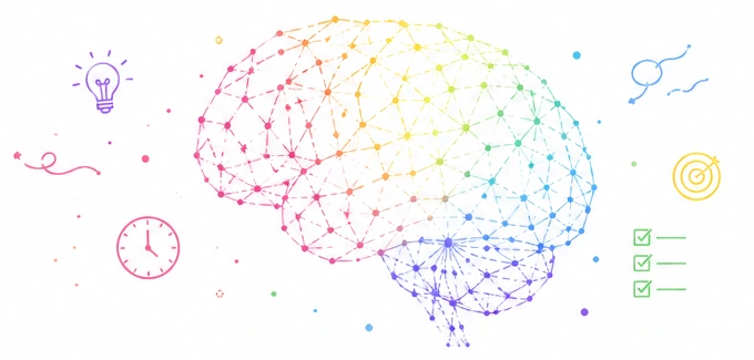 Colourful network illustration of a brain with small icons for time, ideas and goals